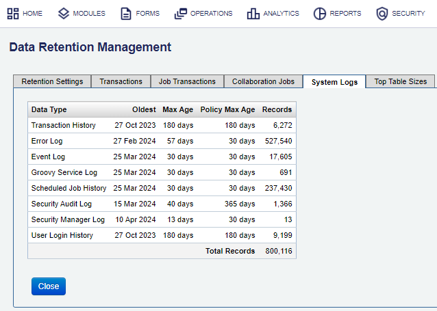 Manager data retention summary for system logs